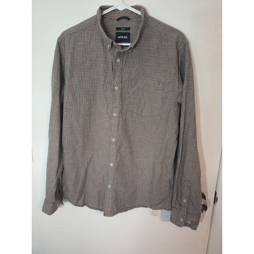 Prana Mens Medium Brown Grey Geometric Button Down Long Sleeve Shirt Pocket